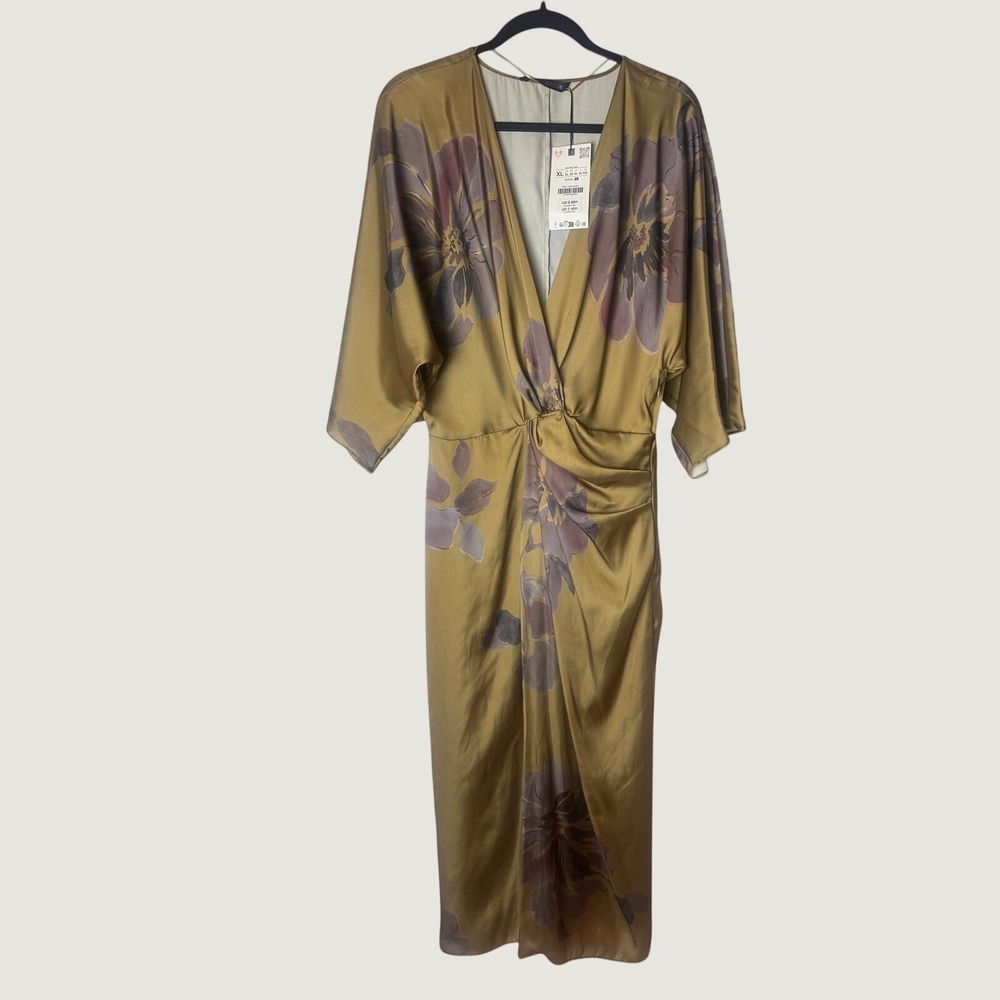 Zara NWT XL Gold Purple Floral Satin Midi Dress Plunge Draped Classy sexy Plus